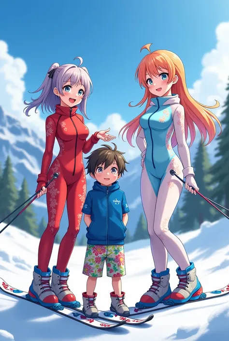 2 anime girls in ski suits with a boy in floral shorts and a blue short sleeve hoodie 