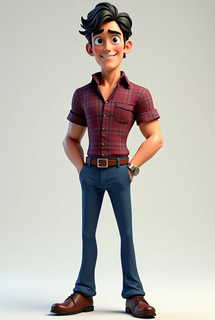  Realistic 3d cartoon of 25-year-old handsome wavy dark hair, slim body dressed in plaid shirt short sleeves formal , blue dress pants and belt ,  polished shoes have villain expression 