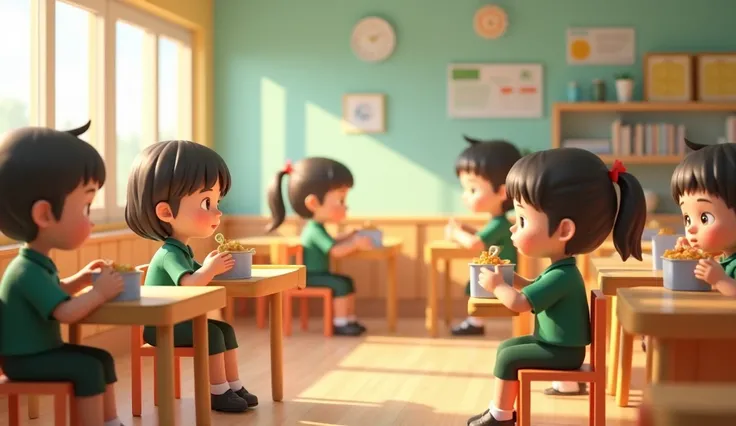 3D animation, vibrant color, atmosphere of kindergarten canteen, kindergarten uniform, dark green shirt, dark green skirt for girls, dark green shirt and dark green pants for boys, calm atmosphere of canteen, tables and chairs, kindergarten ren are opening...