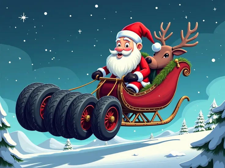 Cartoon Santa Claus rides in sleigh with nine black motorcycle tyre.