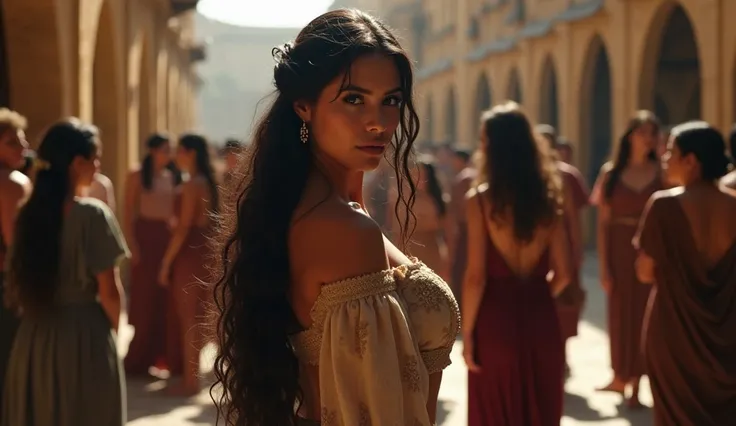 Behind of a beautiful girl, black hair, long hairs, large breasts, perfect body, peoples are gossiping in ancient spain About the beautiful girl, Talking ear to ear, ultra realistic
