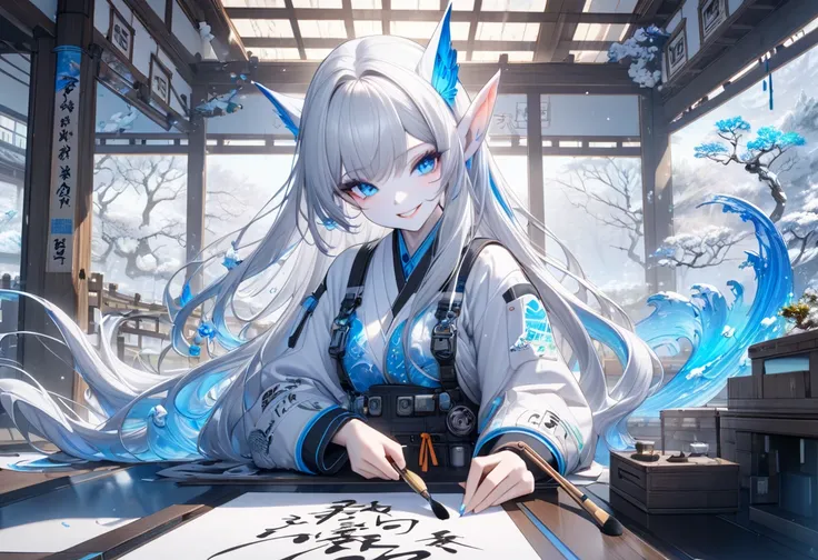 (panoramic), (ultra detailed illustration), break, in a Mechanic Engineer Suit, break, ((calligraphy style)), ((beautiful white skin)), (elf ear:1.3), (two elf girls are twins) age 67, (beautiful straight hair), (beautiful vivid silver hair, delicate long ...