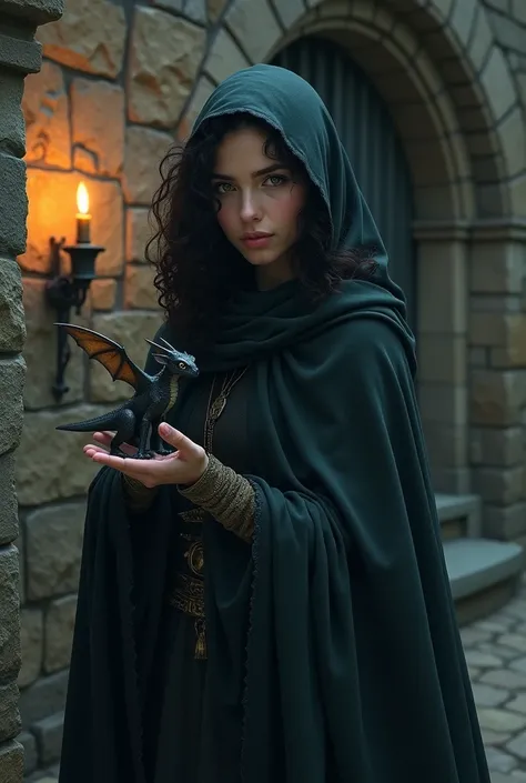 natural, junge Frau mit dark, Half-length ,  curly hair and green eyes and old, dark,  large hooded cape ,  standing in front of an old stone wall . On her hand sits a thumb-sized ,  tiny , winged , Self-confident , watchful looking ,  black dragon . It is...