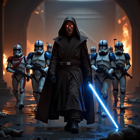 Anakin Skywalker, dark brown-charcoal robes, orange eyes, glowing iris, wearing hood, holding blue lightsaber, 501st clone troopers behind him, phase 2 clone troopers, clone wars, night time, darkness, dark shadows, very dark, Jedi temple, fires, explosion...