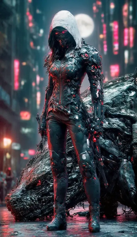 A scene featuring a sleek cyberpunk female warrior in ornate, shimmering armor, standing while holding a large sword planted deeply in the center of the dragons head. The dragon has glossy dark scales, its red eyes nearly closed, blood dripping from its mo...