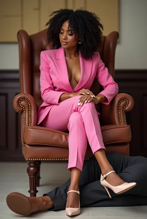 Beautiful Nigerian office lady in a pink power suit and beige patent leather Mary Jane pumps, sitting elegantly on a throne in an office with a man lying at her feet and licking her shoes. The man lying on the church floor is kissing her feet with reverenc...