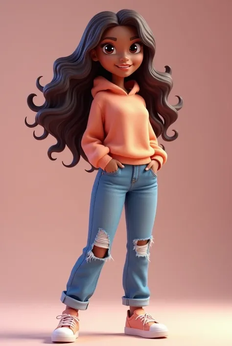 wrist 
3D cartoon 
Amine sexy body
 brown skin 
, 
 long wavy hair   ,normal size mouth ,  big eyes , dressed in denim pants ,sweatshirt and sneakers  
