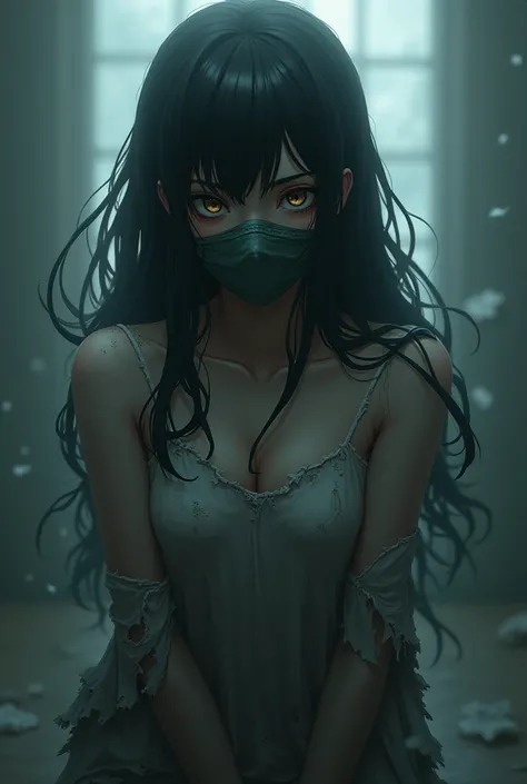 anime,  girl,  girlに食べられる, dark,  long hair,  mask ,  Background Blur ,  Tattered Clothes, clavicle