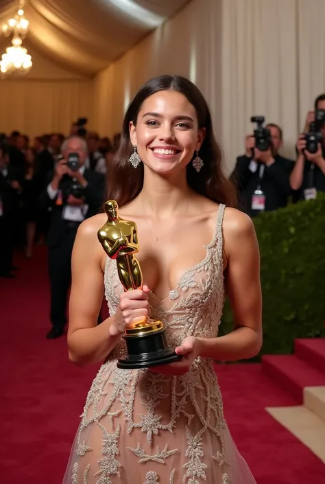 Olivia Rodrigo holding an Oscar in her hand at a Met Gala