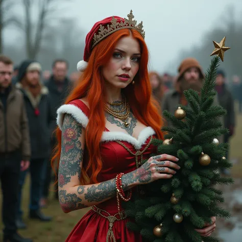 8k: hyper realistic: a stunning Russian woman with very long crimson red hair: tattoos and jewelry: dark colored eyes: wearing a distressed Santa dress holding a Christmas tree with a star topper against apocalyptic people: apocalyptic background 
