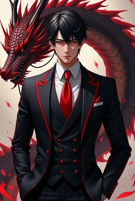 anime man in a suit and tie with a dragon in the background, dragon - inspired suit, by Yang J, human and dragon fusion, handsome japanese demon boy, handsome guy in demon slayer art, epic and classy portrait, trendin on artstation, by Oliver Sin, crimson ...