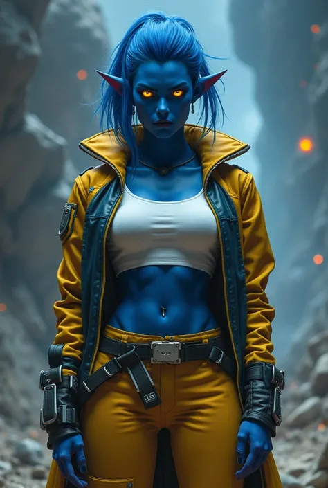 Sci-fi | dark blue skin | yellow eyes | woman | blue hair | General outfit pants jacket shirt gold white blue| Galactic ship background | standing with hands behind back | woman | serious Expression | no sexualized outfit | cinematic | detailed | best qual...