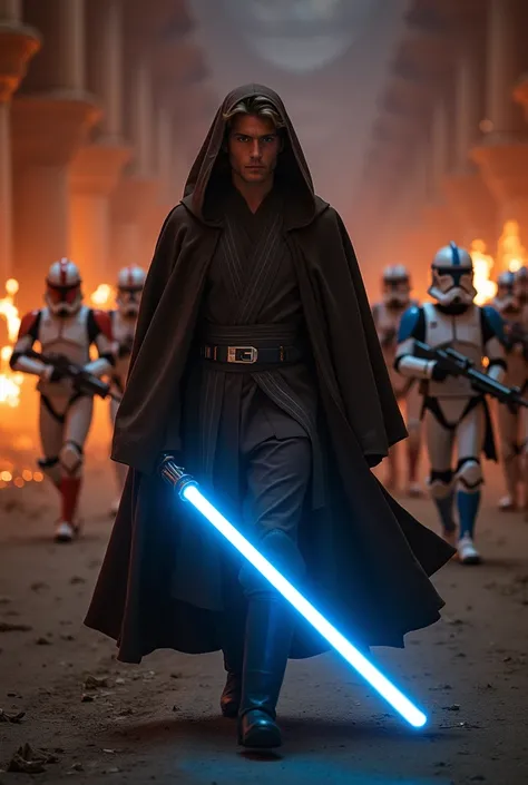 Anakin Skywalker, dark brown-charcoal robes, orange iris, glowing iris, wearing hood, holding blue lightsaber, 501st clone troopers behind him, phase 2 clone troopers, clone wars, night time, darkness, dark shadows, very dark, Jedi temple, fires, explosion...