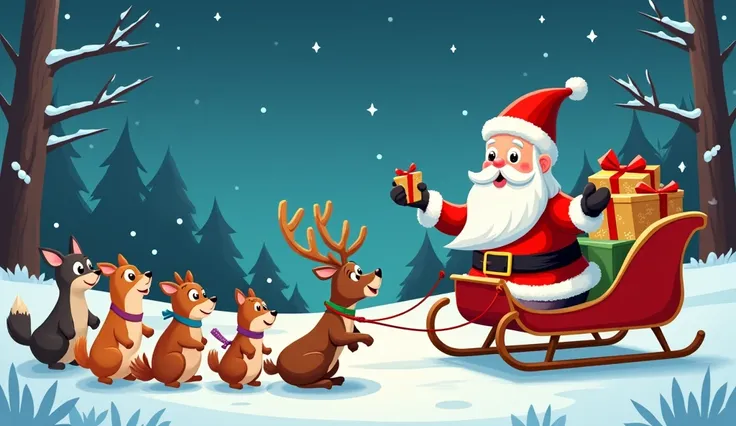 Scene 9: Santa’s Gift Delivery

Context:
Santa makes a surprise appearance, landing his sleigh in the clearing. He waves to the animals and hands out presents from his big sack, bringing even more excitement to the party.

Prompt: cartoon
Show Santa’s slei...