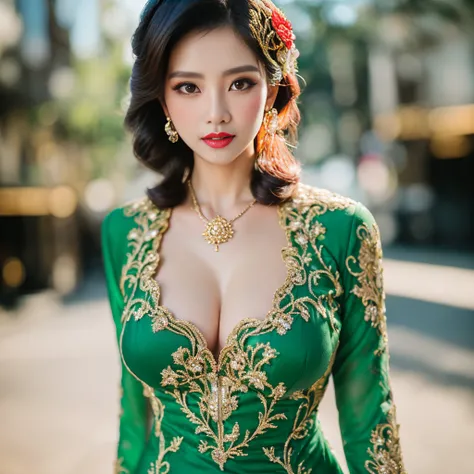 photography, woman,  portrait of java wedding woman in green long kebaya dress traditional, red lipstick, golden necklace, earrings, ornate, detail, flowers, street background, soft focus, Breast cleavage, (gigantic bust:1.4), detail, slim body, (((full bo...