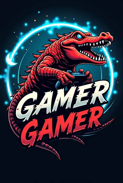 notifying

Anime drawing, gamer style logo design, DSP text, black, red, blue tone, with red crocodile playing the game, all the text is in a blue gold ring.