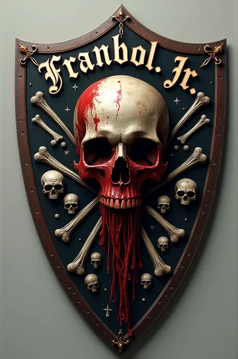 Create a shield like a boat but with the name 
FRANBOL . JR WITH AN IMAGE OF A BLOODY SKULL AND LOTS OF BONES OR SKULLS AROUND IT