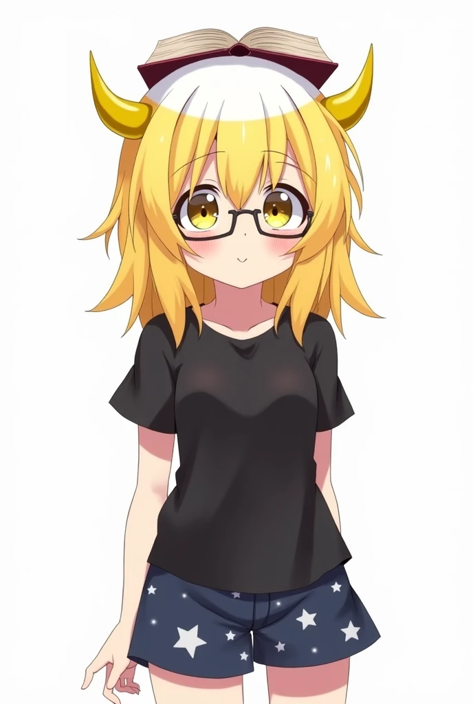 A female anime character, yellow hair, glasses, yellow horns, open book on the white head, the skin, dark blue shorts with white stars and a black shirt..