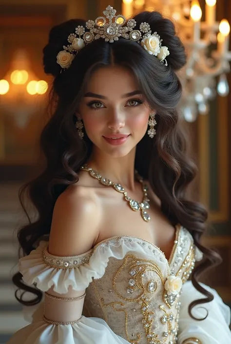 Dramatic composition, court-style dresses, royal, gorgeous, cascading frills, ruffles, bows, crystal chandeliers, Roman curly hairstyles, ponet, double ponytails like drills, look at the camera, bangs, maximalism, palatial background, delicate portrayal of...