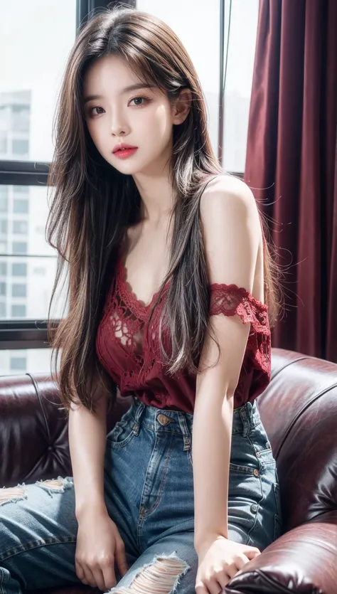 +    Masterpiece ,  many details , Wear a dark red lace island top, sexy,   Jeans   , Beautiful face, ,    Precious Details   , long,  Silver hair,,  soft, slippery , Soft),     perfect face   , overalls, seat , Clas Up      , Sofa in condo room  , ผมlong,...