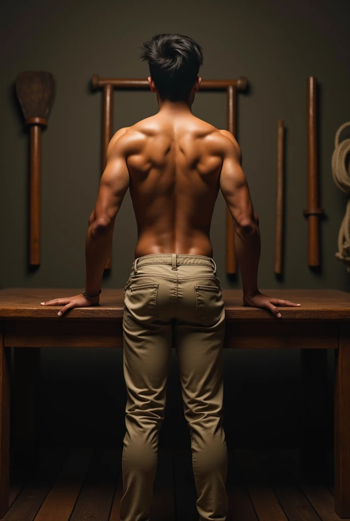 Handsome srilankan teen boy in tight chinos trousers and a t shirt fully bend over a table legs stretched in a room with sticks , paddles and whips back side view 