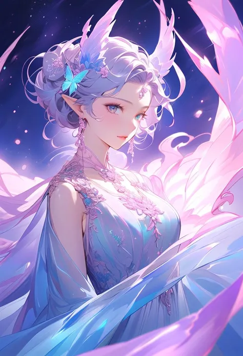 This character is a woman with a magical and elegant aura, her lips are pink, she has long, shiny night blue hair, unique blue horns that are slightly transparent, resembling a dragon, and elven ears that emphasize her mystical impression. Green eyes shine...