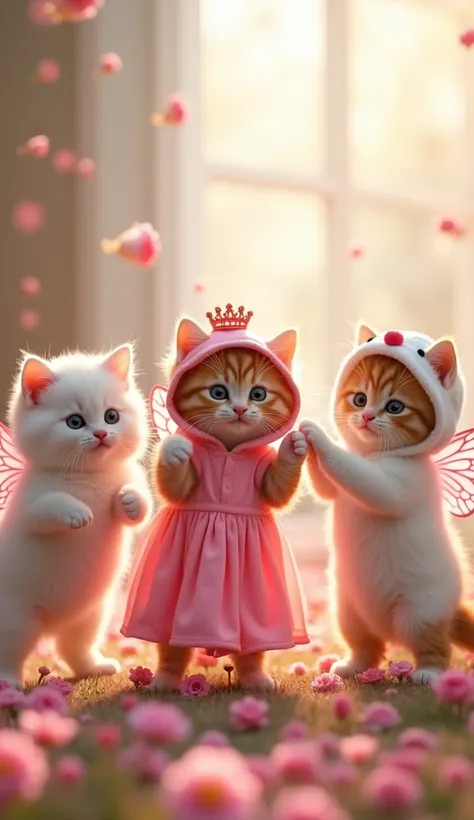 Three cats are joyfully dancing together. They have happy expressions, and each one is moving playfully, creating a lively and cheerful atmosphere. Their movements are full of energy, and it looks like they’re having a great time dancing together. The scen...