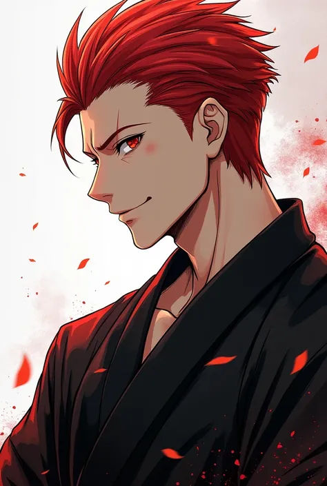 Jujutsu Kaisen Manga Art Style, 25 year old male, Red Slick back hair, Side profile, smiling, red eyes, Black Kimono, Black Haori.