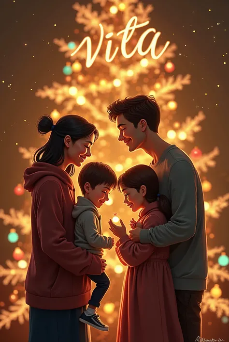 happy family of four mom dad boy and 2 girls stand near the Christmas tree The tree is written in beautiful letters Vita they look happily at the tree