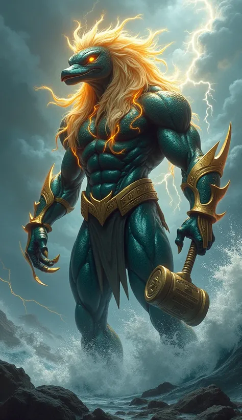 Design a hybrid entity combining the dolphin’s feral majesty with aquaman’s godly power. The creature should have the dolphin’s muscular frame, golden glowing mane, and razor-sharp claws, merged with aquaman’s armor, glowing runes, and the iconic Mjolnir i...