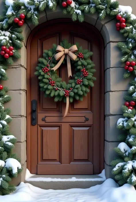 A beautiful dark brown wooden door decorated with a beautiful Christmas wreath vintage European Christmas style with snow 