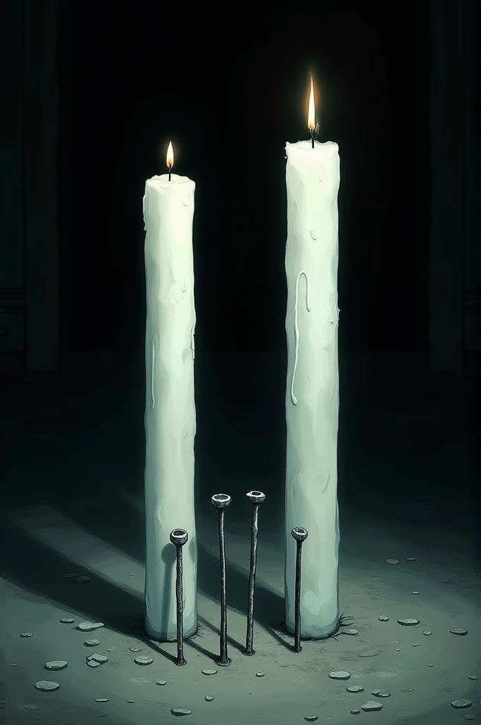 A picture of two white long candles with three nails in front of it based on junji ito character Souichi