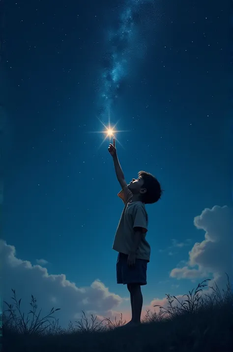 An image of a boy looking up at the sky and pointing to a star saying I did it for you 