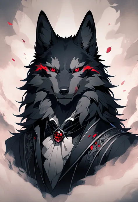  anthropomorphic black furry wolf wearing all-black butler clothes, red eyes, intimidating, smug expression, handsome, young adult, masculine, sexy, furry art, furry, dark fantasy, medieval vibes, light novel art, cocky wolf, licking lips, intimidating, an...