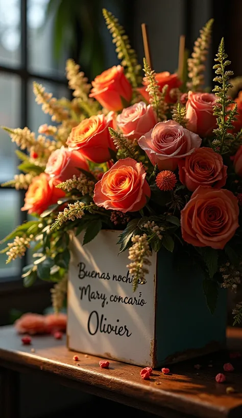  Large evening flower arrangement with card saying "BUENAS NOCHES MARY CON CARIÑO OLIVIER"