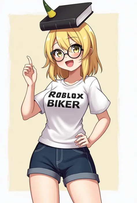 Female blonde anime with glasses with Roblox biker shirt and shorts with white stars, dark blue shorts and a black book on her head and yellow horn on her head and black glasses..