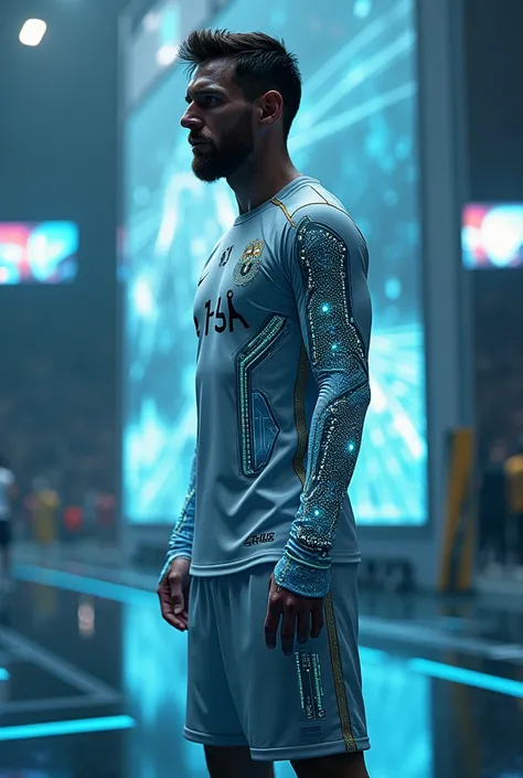 Messi in a hybrid athletic outfit, his arms embedded with intricate technological patterns, standing against a high-tech sports arena with holographic displays in the background."