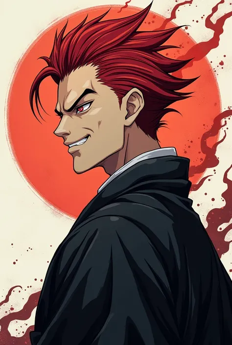 Jujutsu Kaisen Manga Art Style, 30 year old male, Red Slick back hair, Side profile, smiling, red eyes, Black Kimono, Black Haori.
