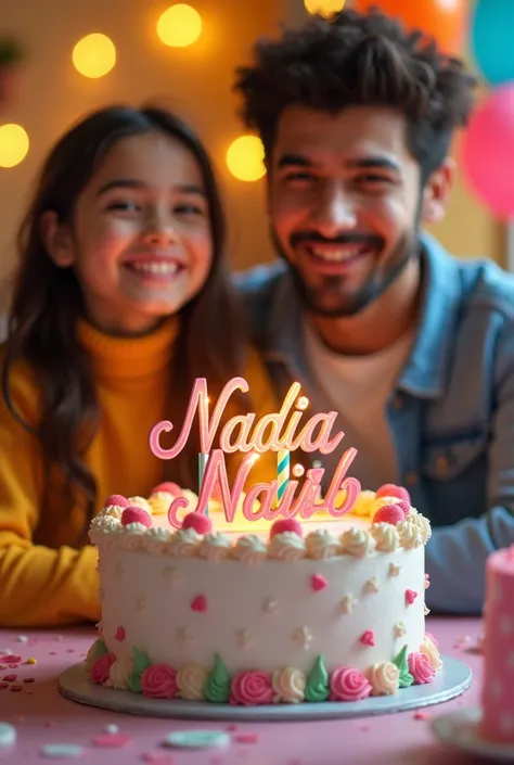 Make a photo for me that its my birthday, the name of Nadia Najib is written on the top of the cake, and the back of the cake is a girl who is acceptable and a boy who is 25 years old.