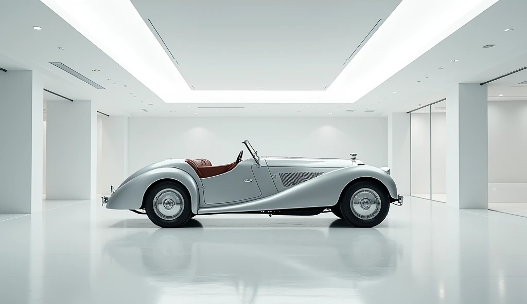 In a dazzling, luxurious white showroom, the 1935 James bonds Bentley takes center stage, interior design view  in silver colour 