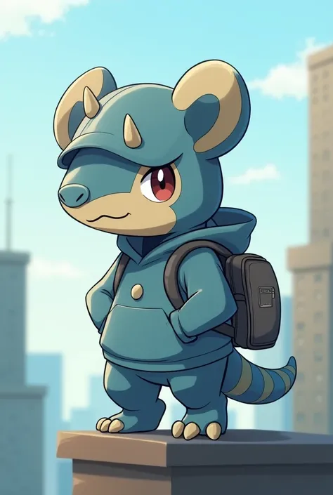  There is an armadillo boy ,  He wore a hat with two horns on his head ., and dressed in clothes .  Like a new Pokémon ,  With a cute style .  An earth-type Pokémon .  He stands on two legs and wears a gray backpack..  He is standing on top of a building ....