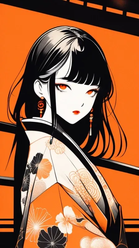 (best quality, sketch:1.2),realistic,illustrator,anime,1 girl, detailed lips, kimono,custom, black and orange gradient background,neon hair,textured cropping, masterpiece, style retro classic, noir style , Japanese style