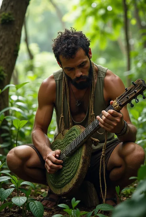 Using branches and leaves from the environment , , he built a rudimentary instrument that mimicked the sounds of birds. 