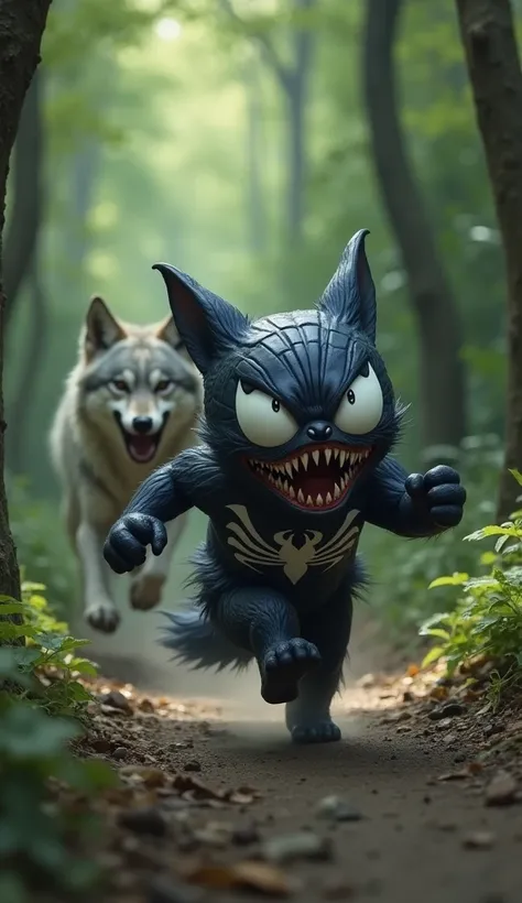 This image shows an adorable little Fat Venom boy running scared down a forest path. A dangerous looking wolf is running behind him, whose mouth is open and its teeth are visible. It looks like she is chasing Fat Venoms . Another wolf is also visible in th...