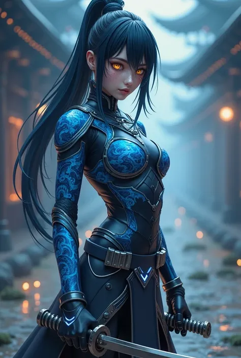 An anime-style warrior girl with glowing blue dragon tattoos, futuristic armor, holding a katana, cinematic lighting, highly detailed, soft glow effect, dynamic pose with full length sword in photo