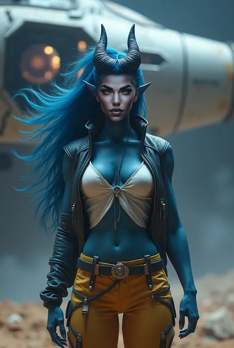 Sci-fi | dark blue skin | yellow eyes | woman | long blue hair | General outfit pants jacket shirt gold white blue| Galactic ship in space background | standing with hands behind back | woman | serious Expression | no sexualized outfit | cinematic | detail...