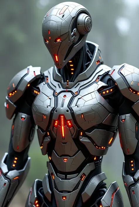 A futuristic combat robot with a metallic body covered in geometric mosaic patterns. Embedded between the armor panels are glowing red lines and accents that emphasize a cold, aggressive demeanor. The head is shaped like a sleek helmet, featuring several s...