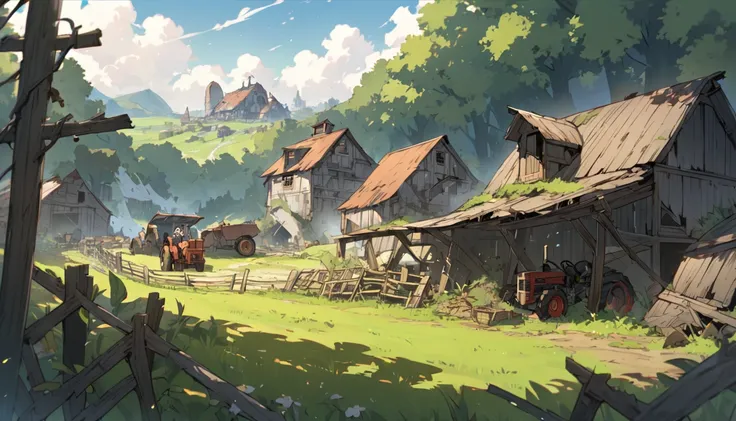 the environment is a destroyed farm in a fantasy settings, Barn, fence, house, tractor