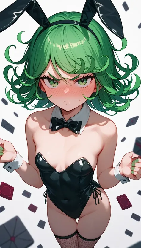 1girl [masterpiece, best quality,] expressive eyes, perfect face, small breasts, tatsumaki, flipped hair, green hair, green eyes, curly hair, bangs, black playboy bunny, mesh thigh highs, toy bunny ears, blushing deeply, angry expression, tsundere, arms cr...