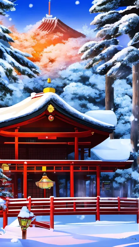 An illustration of a Japanese New Year celebration. A traditional setting featuring a vibrant shrine with red torii gates in the background, surrounded by snow-covered pine trees. In the foreground, a decorated kagami mochi (rice cake) on a wooden stand, a...